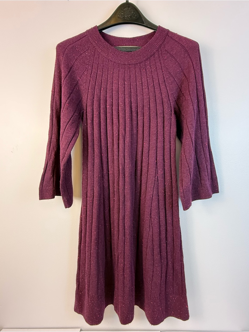 LOFT Purple Ribbed Knit Sweater Dress Crew Neck 3/4 Sleeve Knee Length M